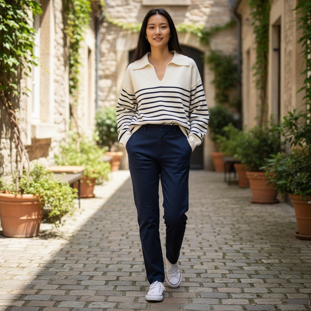 Other Stories Striped Collared Knit Sweater Cream Navy M